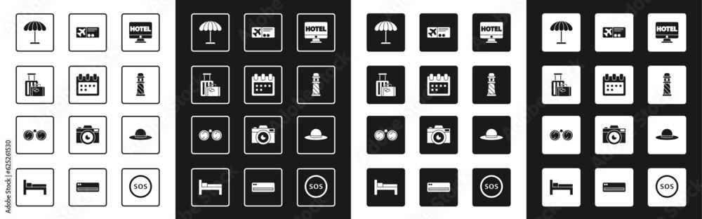 Set Online hotel booking, Calendar, Suitcase, Sun protective umbrella for beach, Lighthouse, Airline ticket, Elegant women hat and Binoculars icon. Vector Set Online hotel booking, Calendar, Suitcase, Sun protective umbrella for beach, Lighthouse, Airline ticket, Elegant women hat and Binoculars icon. Vector