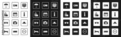 Set Online hotel booking, Calendar, Suitcase, Sun protective umbrella for beach, Lighthouse, Airline ticket, Elegant women hat and Binoculars icon. Vector