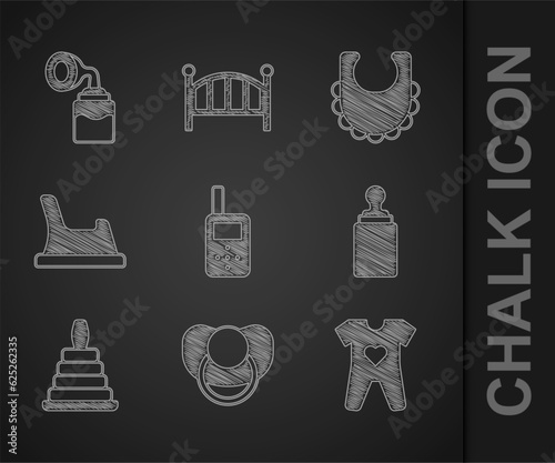 Set Baby monitor walkie talkie, dummy pacifier, clothes, bottle, Pyramid toy, potty, bib and Breast pump icon. Vector
