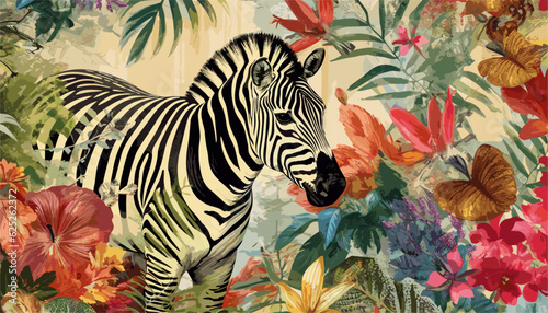 Exotic Zebra Tales  Artistic Vintage Jungle Collage Pattern - Seamless