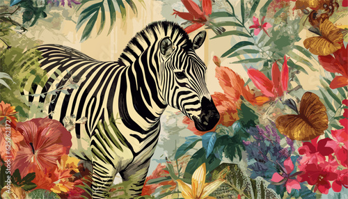 Exotic Zebra Tales: Artistic Vintage Jungle Collage Pattern - Seamless