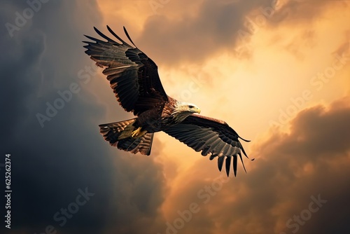 American bald Eagle flying in the clouds at Sunset. Eagle. Generative Ai