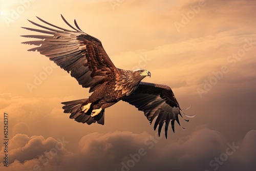 American bald Eagle flying in the clouds at Sunset. Eagle. Generative Ai