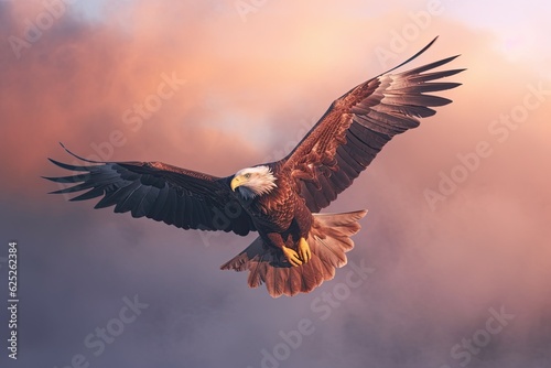 American bald Eagle flying in the clouds at Sunset. Eagle. Generative Ai © tong2530