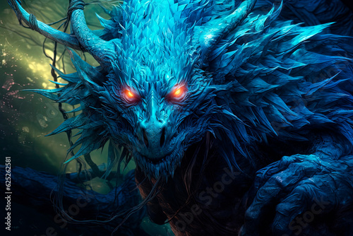 A humanoid dragon with cyan skin and red eyes. Generative AI