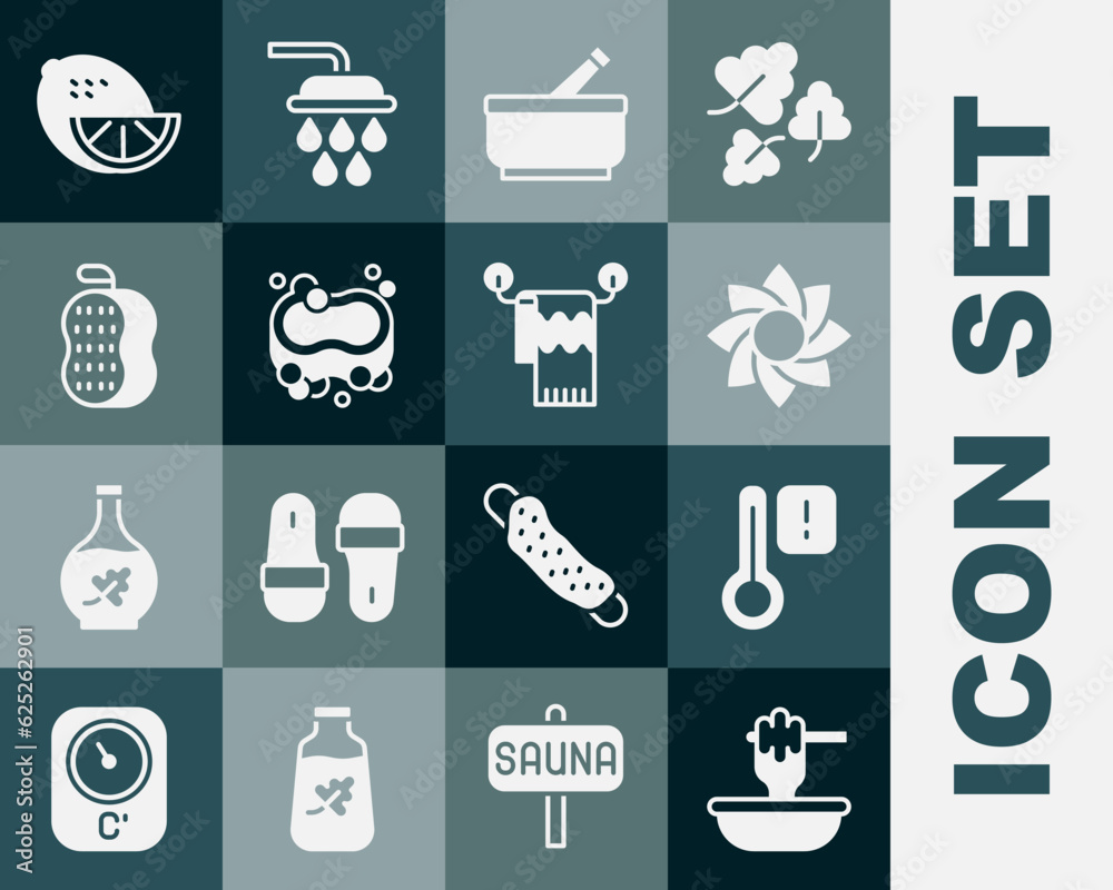 Set Honey dipper stick with bowl, Sauna thermometer, Flower, Mortar and pestle, Bar of soap, Washcloth, Lemon and Towel hanger icon. Vector Set Honey dipper stick with bowl, Sauna thermometer, Flower, Mortar and pestle, Bar of soap, Washcloth, Lemon and Towel hanger icon. Vector