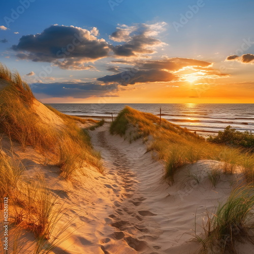 sandy dunes on Baltic beach,sunset on beach ,pine trees,sun reflection on se water ,wooden bench and bike ,nature landscape 