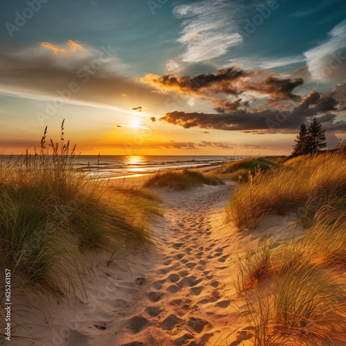 sandy dunes on Baltic beach,sunset on beach ,pine trees,sun reflection on se water ,wooden bench and bike ,nature landscape 