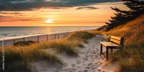 sandy dunes on Baltic beach,sunset on beach ,pine trees,sun reflection on se water ,wooden bench and bike ,nature landscape 