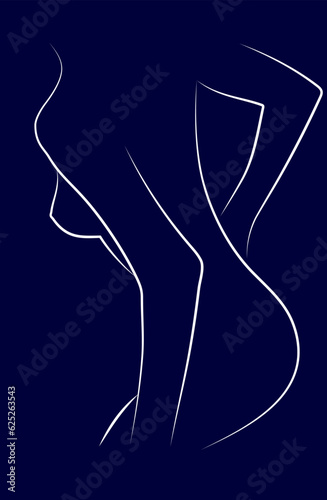 Graceful female body. Sketch white simple lines on a dark blue background. Art abstract background
