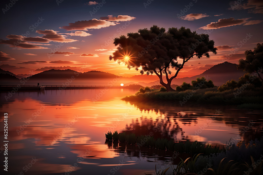 A tree in a field with a red sky and the sun behind it
