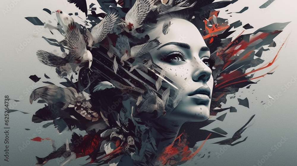 Abstract modern art portrait of young woman. Trendy paper collage composition. Generative ai Abstract modern art portrait of young woman. Trendy paper collage composition. Generative ai