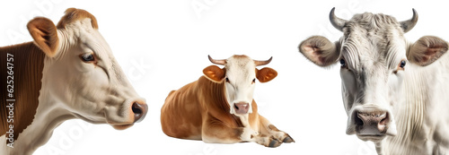 Set of different cows. Profile and full face of a cow close-up. Village cow lies. Cow design element for farm, housekeeping, nature, ecology.  Isolated on a transparent background. KI. © Honey Bear