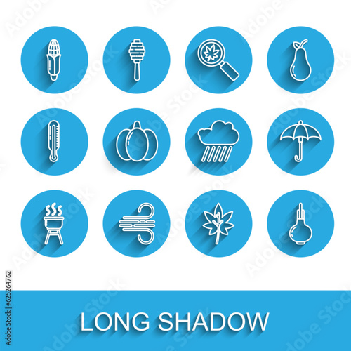 Set line Barbecue grill, Wind, Corn, Leaf leaves, Onion, Pumpkin, Umbrella and Cloud with rain icon. Vector