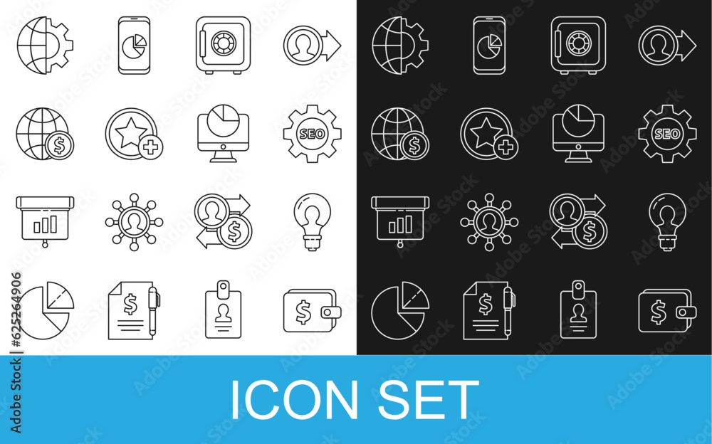 Set line Wallet with dollar, Light bulb concept of idea, Seo tag gear wheel, Safe, Star, Earth globe, Globe the and and Computer monitor graph chart icon. Vector
