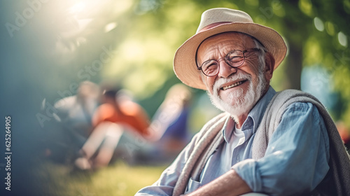 Outdoor portrait of cheerful senior man. AI Generated