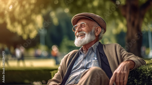 Outdoor portrait of cheerful senior man. AI Generated