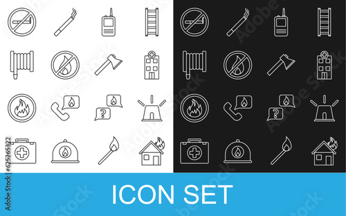 Set line Fire in burning house, Flasher siren, Medical hospital building, Walkie talkie, No fire, hose reel, Smoking and Firefighter axe icon. Vector