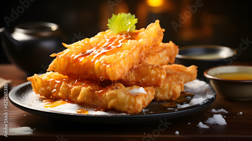 shrimps tempura on plate with soy sauce on black background.generative AI tools