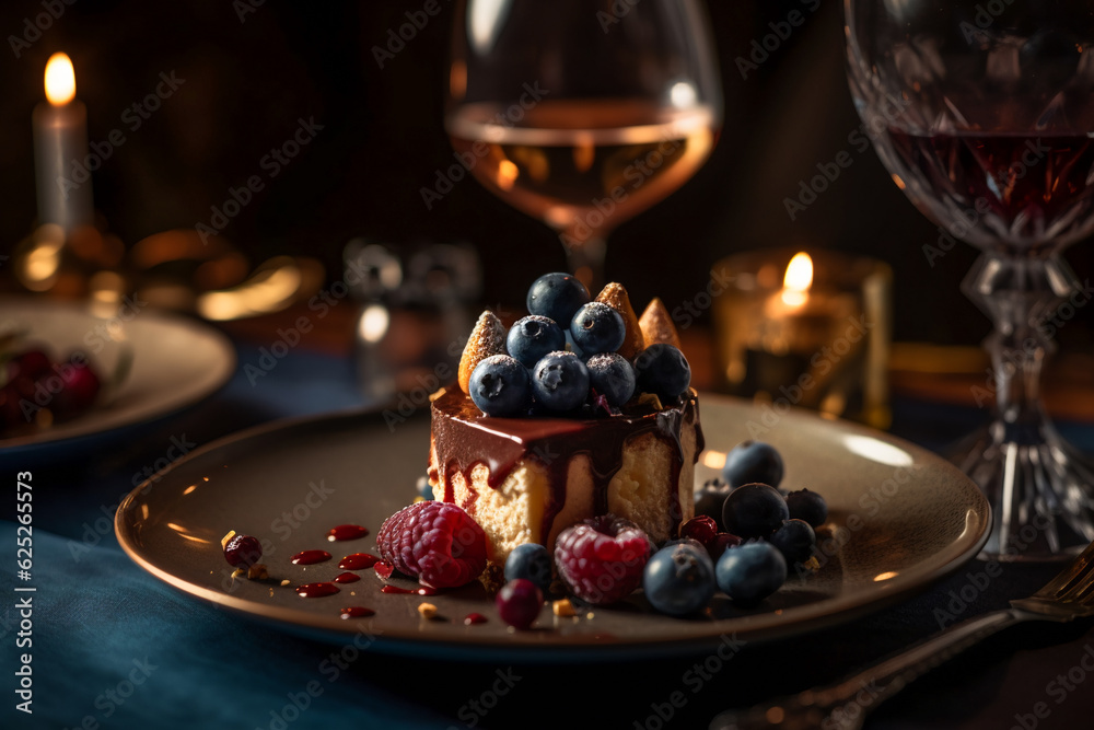 Beautifully decorated dessert with a glass of sweet wine. AI Generated