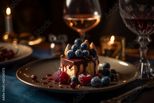Beautifully decorated dessert with a glass of sweet wine. AI Generated
