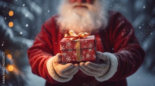 close-up of hands of santa claus with gift box, generative ai photo