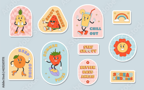 Set of groovy cartoon stickers. Flower, orange, strawberry, watermelon, pineapple, rainbow. Sticker pack in trendy y2k retro style.