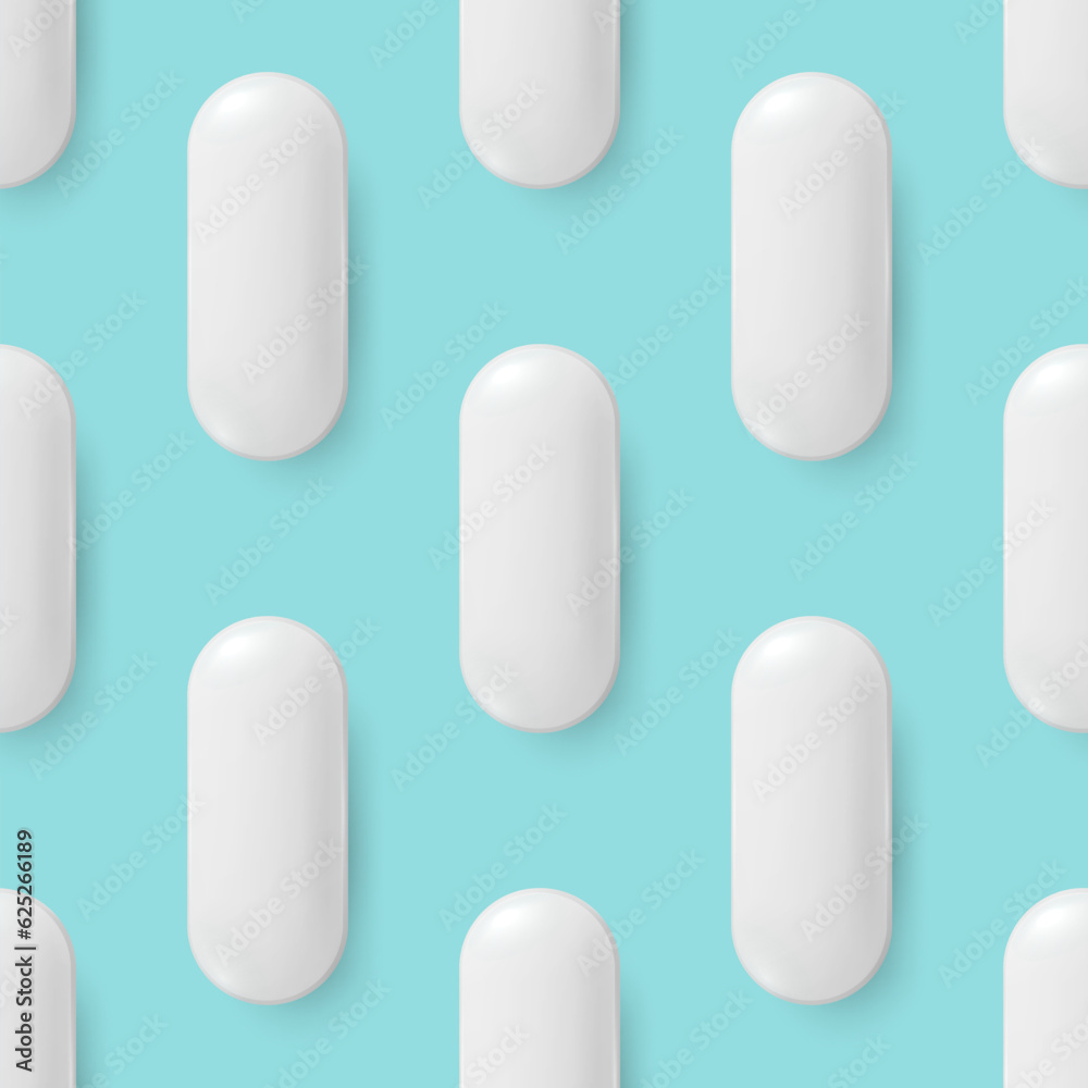 Vector Seamless Pattern with 3d Realistic White Pharmaceutical Medical Pill, Capsule, Tablet Closeup On Blue Background. Front View. Medicine, Health Concept Vector Seamless Pattern with 3d Realistic White Pharmaceutical Medical Pill, Capsule, Tablet Closeup On Blue Background. Front View. Medicine, Health Concept