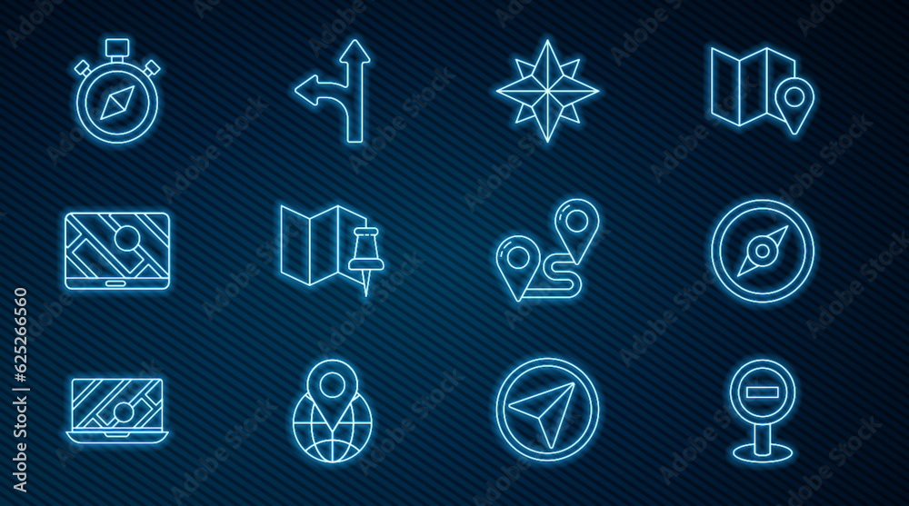 Set line Stop sign, Compass, Wind rose, Folded map with push pin, City navigation, Route location and Road traffic icon. Vector Set line Stop sign, Compass, Wind rose, Folded map with push pin, City navigation, Route location and Road traffic icon. Vector