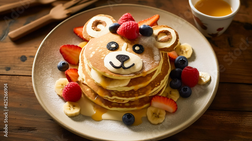 Fun and Festive Pancakes Shaped like Animals and Topped with Fresh Fruit . AI Generated photo