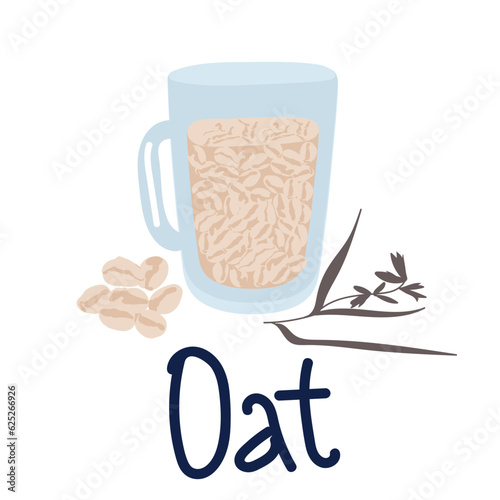 cup of oat Cartoon plate with oatmeal or muesli. Isolated oat bowl and scattered flakes. Traditional morning food. Healthy meal for breakfast cooking from cereal. Vegan product, vector illustration