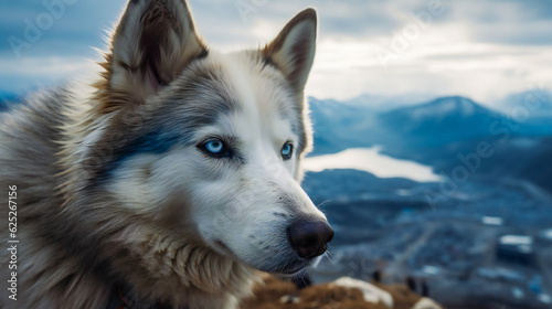 Husky with Piercing Blue Eyes in the Alaska Wilderness. AI Generated