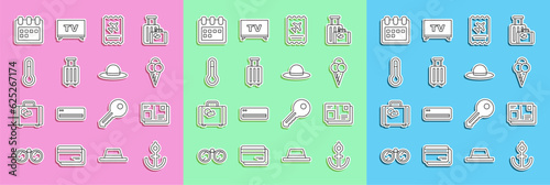Set line Anchor, Passport with visa stamp, Ice cream in waffle cone, Airline ticket, Suitcase, Meteorology thermometer, Calendar and Elegant women hat icon. Vector