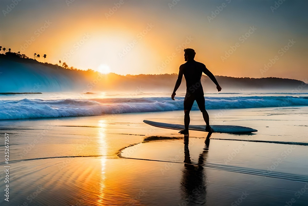 silhouette of a surfer in the sunset, Silhouette of a person with a surfboard on a beach