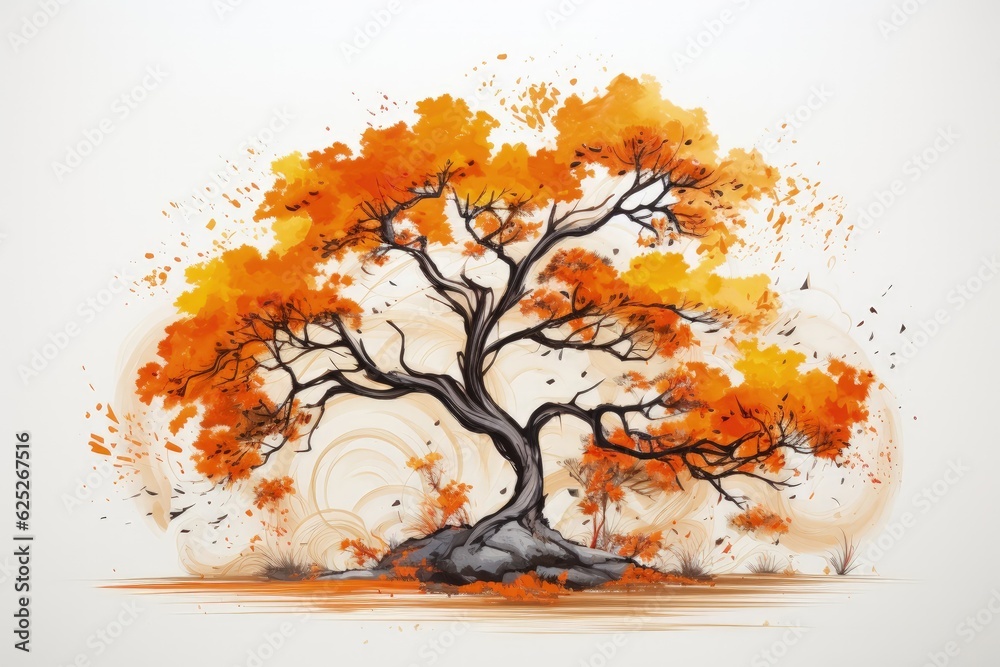 Harnessing Overexposure in Tree Drawing with Brown and Orange ai generate