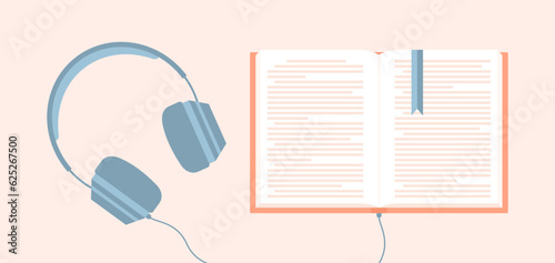 Headphones connected to an open book. Listening to an audiobook. Flat vector illustration
