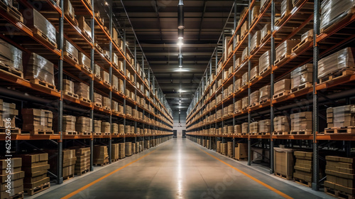The Imposing Interior of a Massive Warehouse. Generative AI © EwaStudio