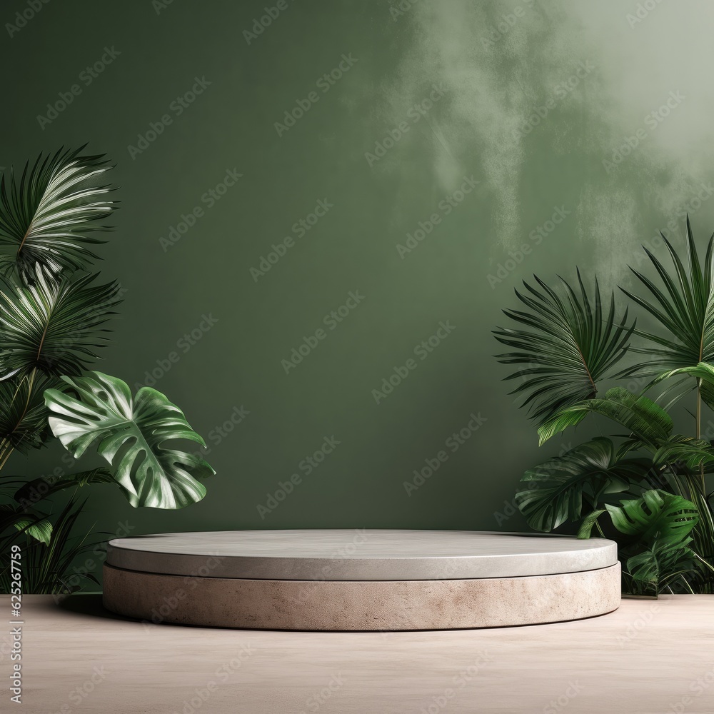 Concrete podium in tropical forest for product presentation on green wall. Generative AI. Concrete podium in tropical forest for product presentation on green wall. Generative AI.