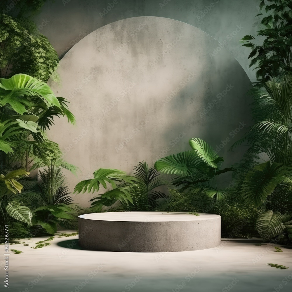 Concrete podium in tropical forest for product presentation on green wall. Generative AI. Concrete podium in tropical forest for product presentation on green wall. Generative AI.