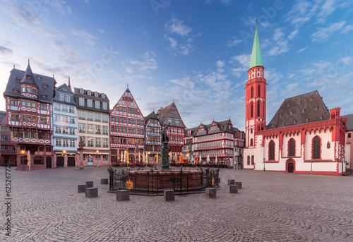 Old medieval houses on the market square in Frankfurt am Main at dawn.