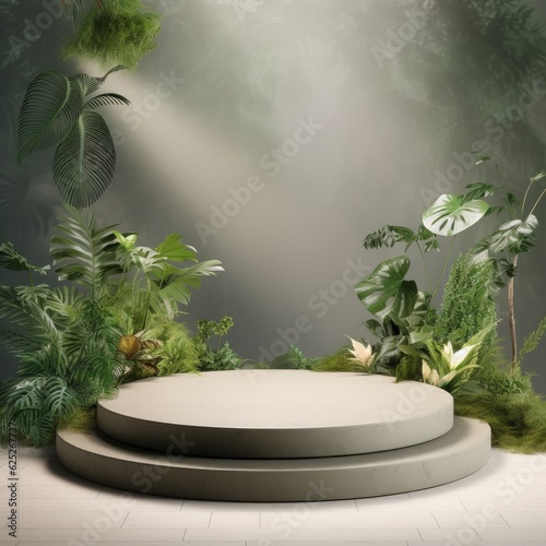 Concrete podium in tropical forest for product presentation on green wall. Generative AI.