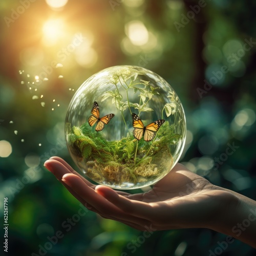 Earth crystal glass globe ball and growing tree in human hand, flying yellow butterfly on green sunny background. Generative AI.