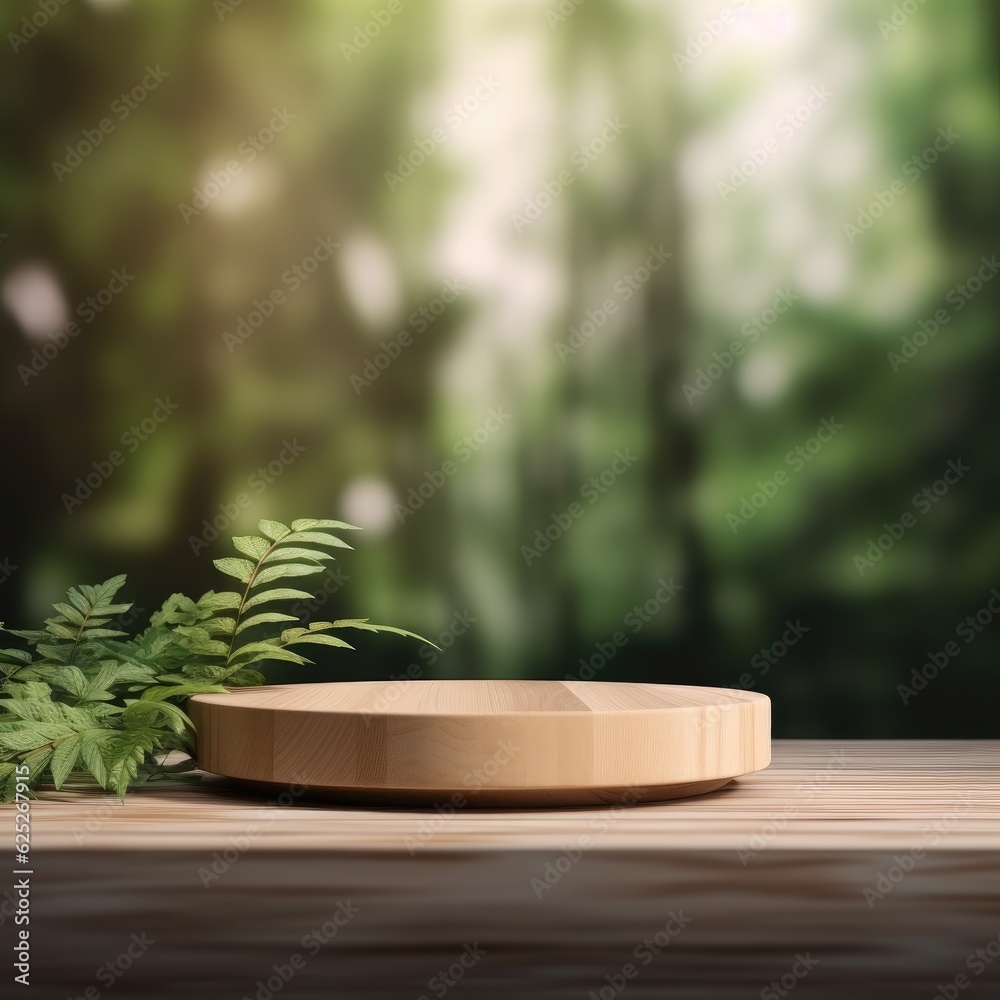 Fototapeta premium Cosmetics or beauty product promotion mockup. Natural wood step pedestal. Generative AI.