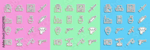 Set line Desert eagle gun, Gun in holster, Trap hunting, Hunting shop weapon, Shop mobile app, Bullet, Buying pistol and Hand grenade icon. Vector