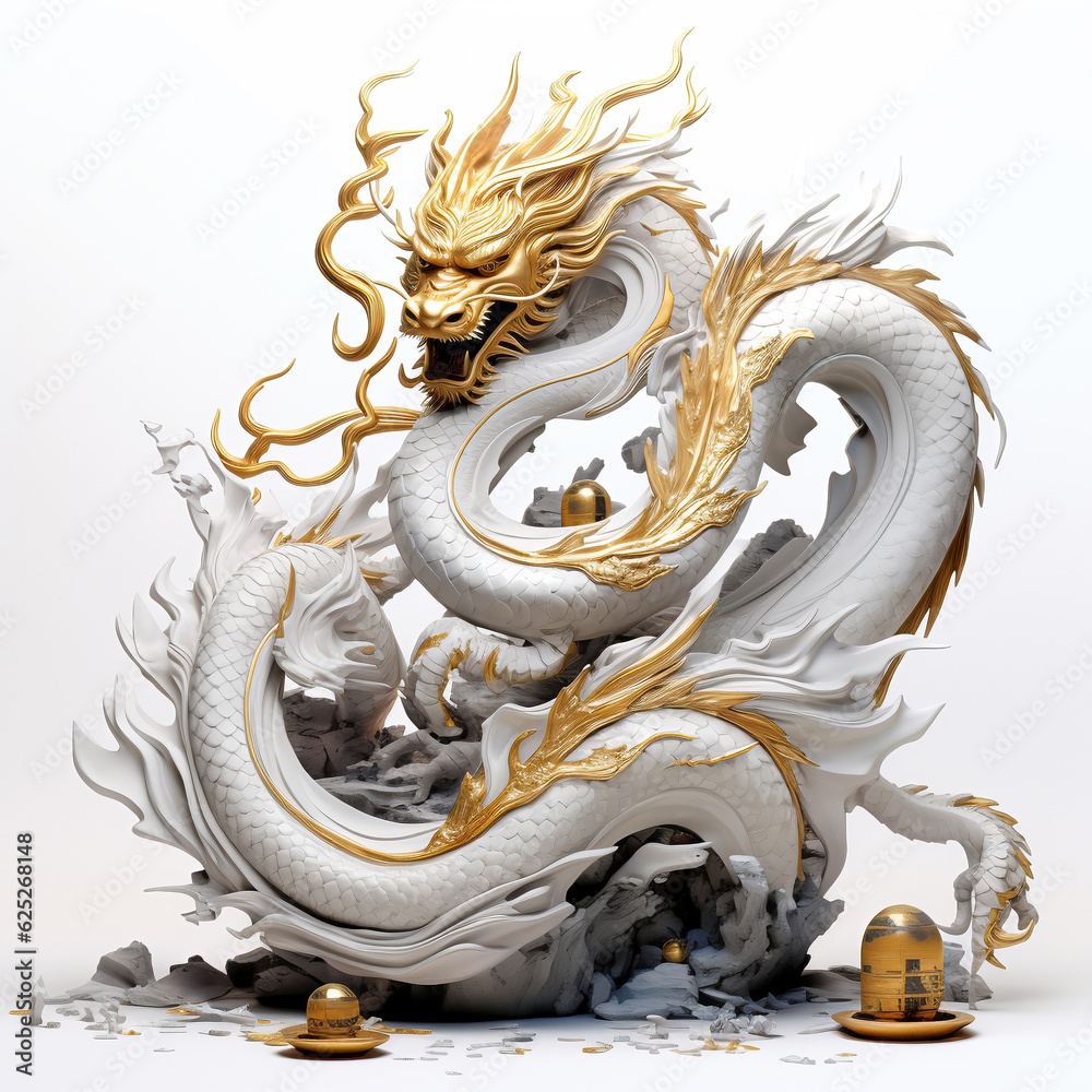 A Chinese Dragon, high angle view, white with gold, well detailed, high definition, amazing, white background, created by I.A