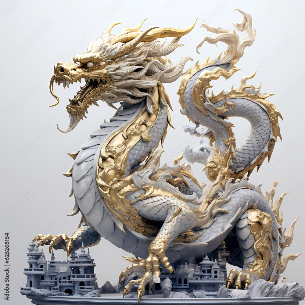 Fototapeta premium A Chinese Dragon, high angle view, white with gold, well detailed, high definition, amazing, white background, created by I.A