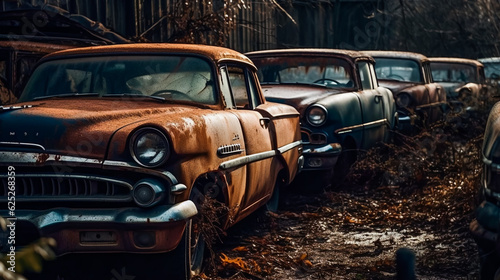 Rusty relics of the past . Derelict automobiles . AI Generated. . Wrecked and forgotten automobiles . AI Generated