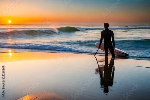 silhouette of a surfer in the sunset, Silhouette of a person with a surfboard on a beach © Mehram
