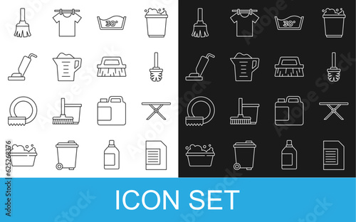Set line Laundry detergent, Ironing board, Toilet brush, Temperature wash, Washing powder, Vacuum cleaner, Feather broom and Brush for cleaning icon. Vector