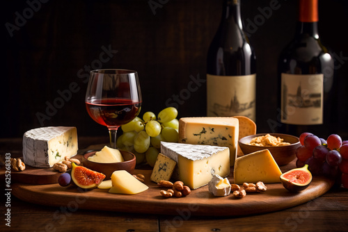 Selection Of Cheese And  Wine. AI Generated